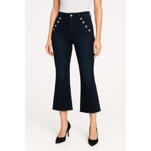 Womens Pants Cropped Flare Navy HighWaisted GoldButton Stretchy Modern Denim